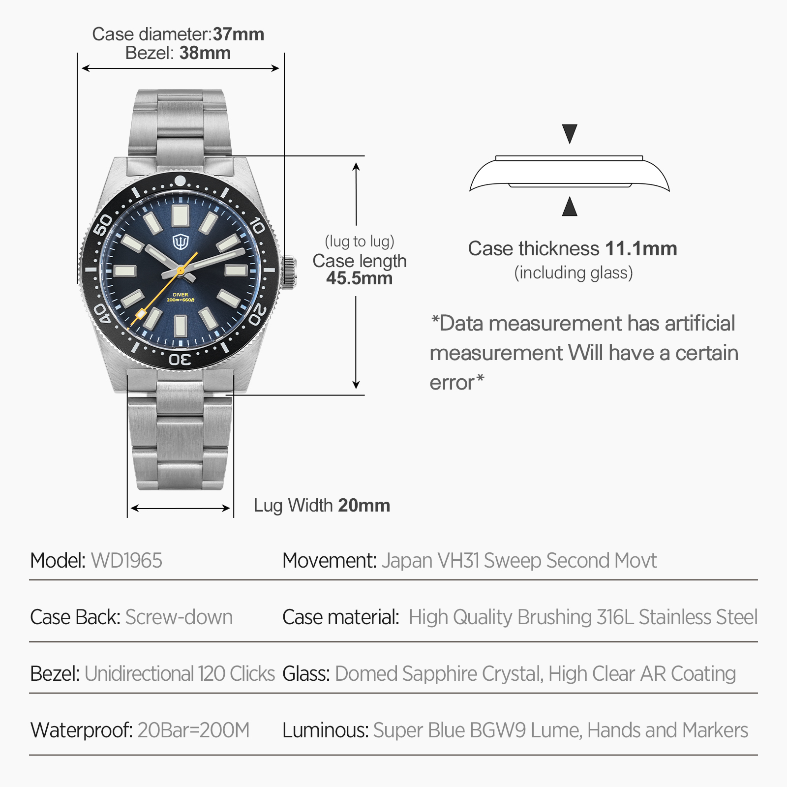 Watchdives 37mm WD1965 V2 Męsk – Accessories With Watch recenzja i cena
